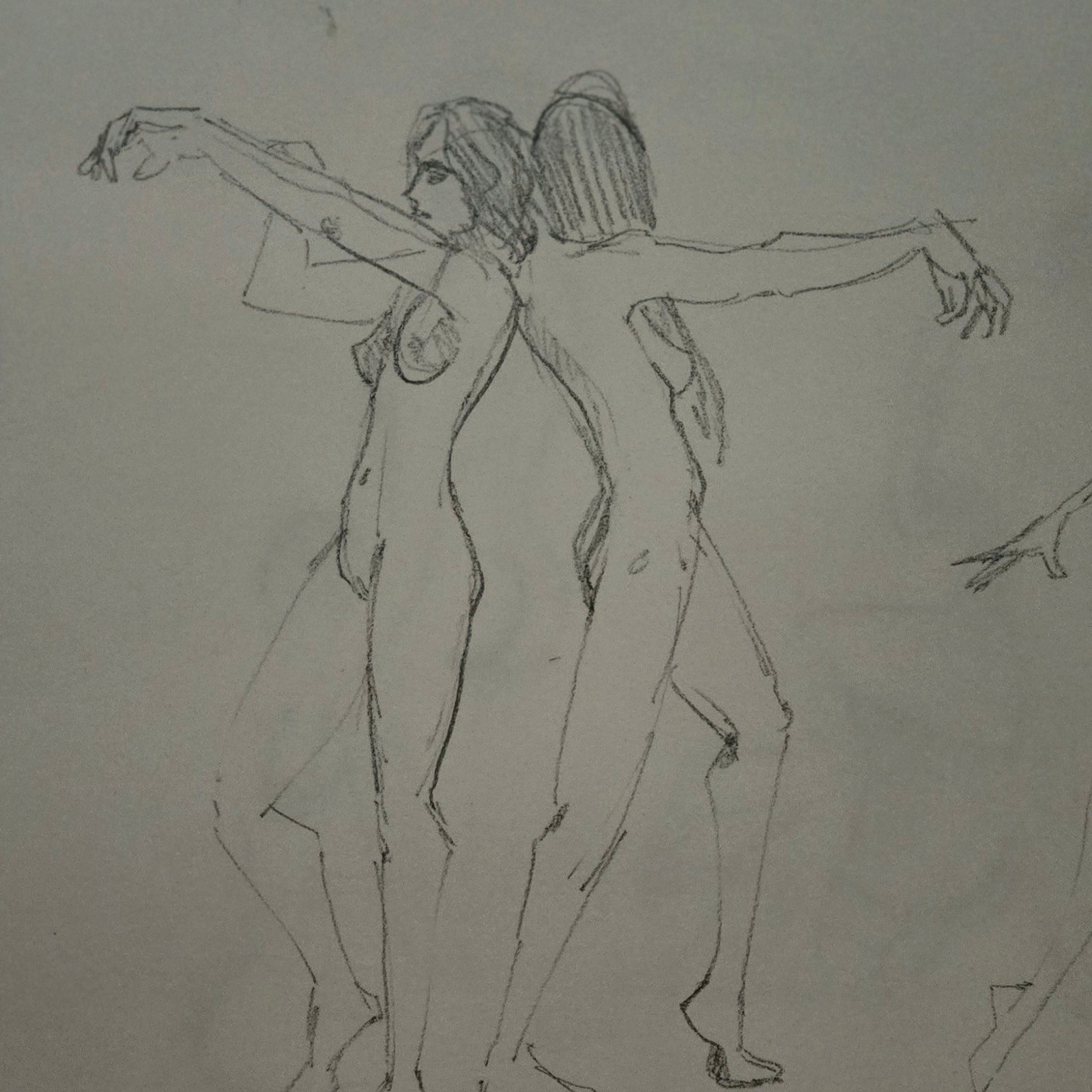 Sketch of two women, back to back, arms outstretched