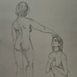 Sketch of woman standing, back towards us, hand stretched out, touching the head of a 2nd woman kneeling, looking up at her