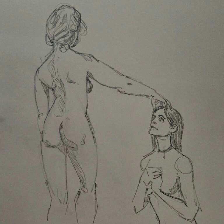 Sketch of woman standing, back towards us, hand stretched out, touching the head of a 2nd woman kneeling, looking up at her
