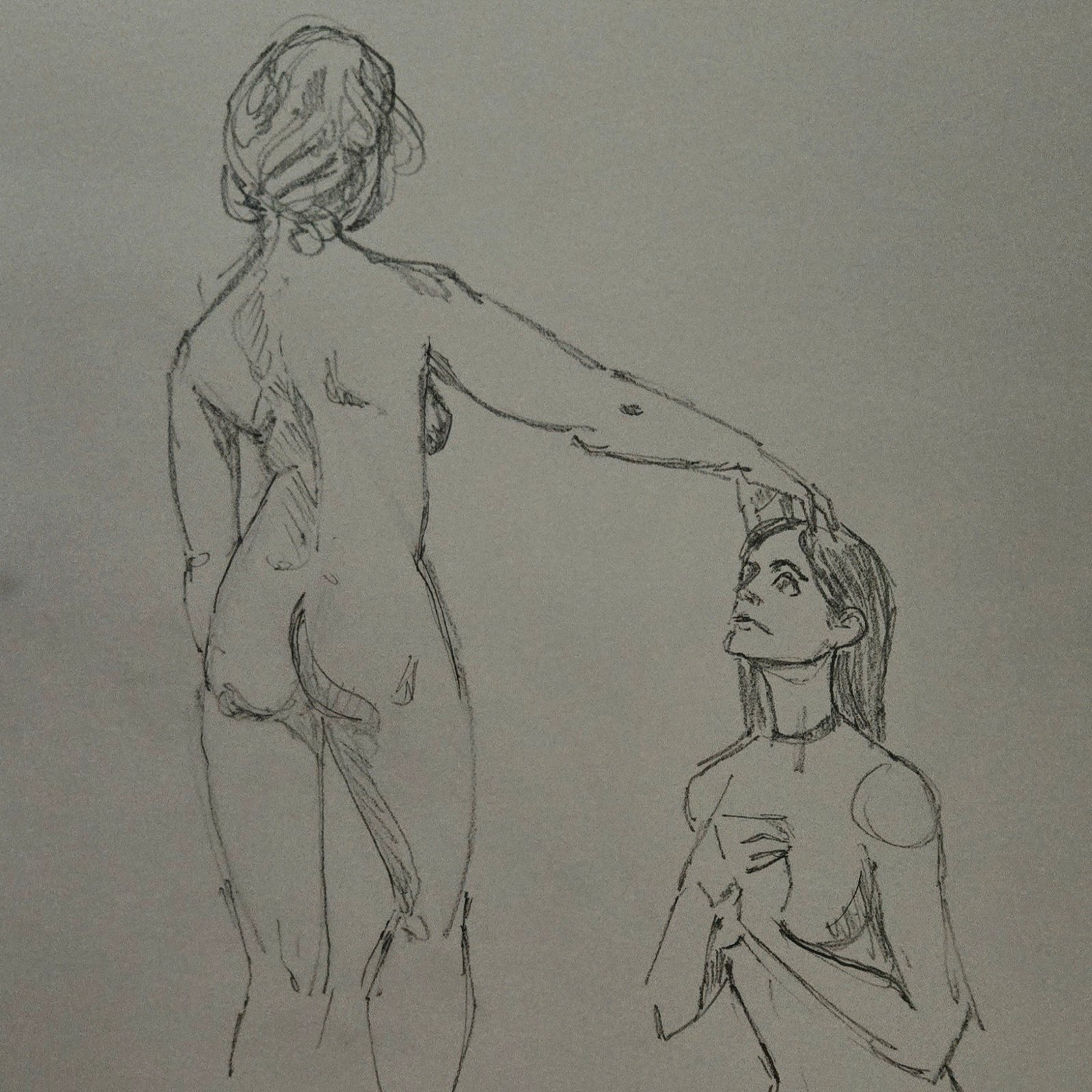 Sketch of woman standing, back towards us, hand stretched out, touching the head of a 2nd woman kneeling, looking up at her