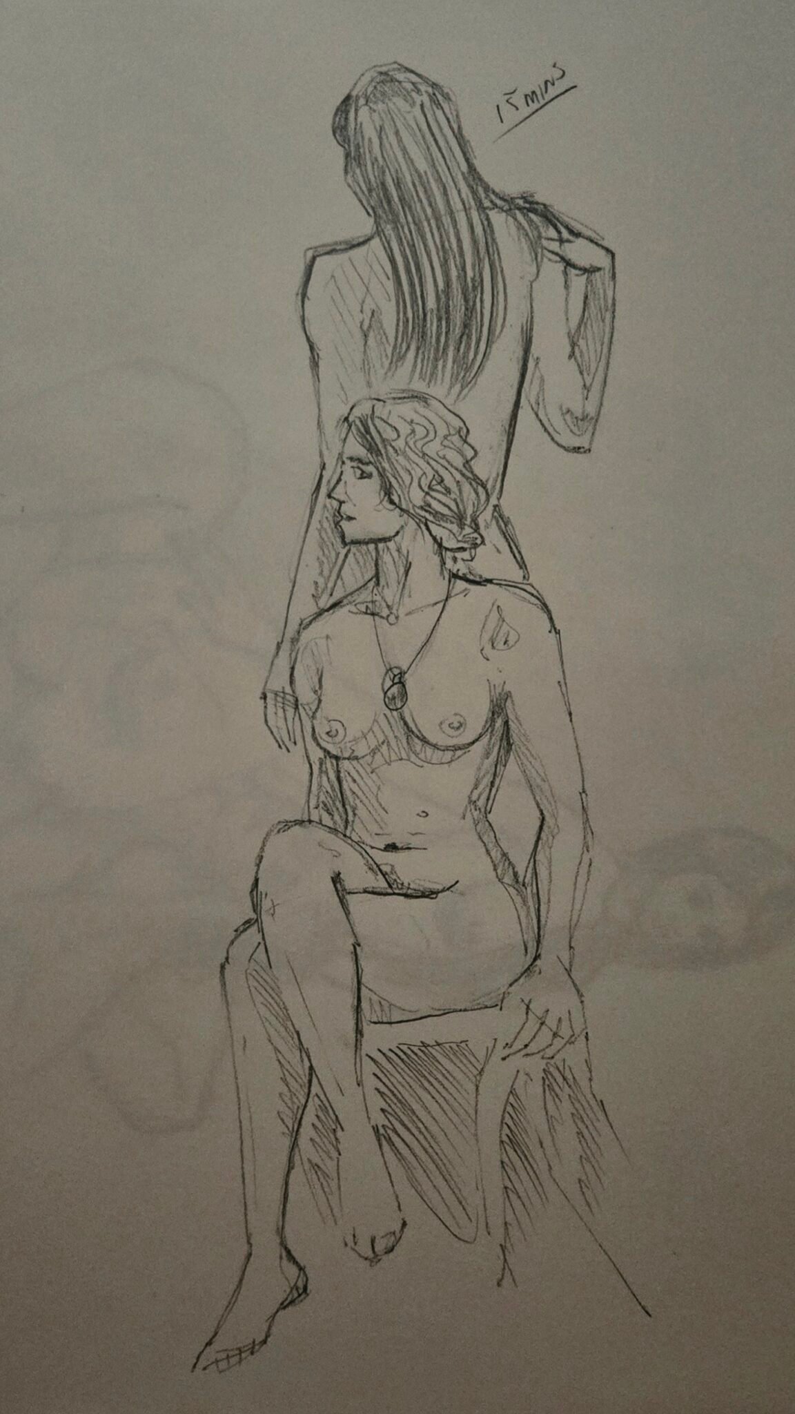 Sketch of woman seated, legs crossed, looking left, a woman standing behind her, back towards us